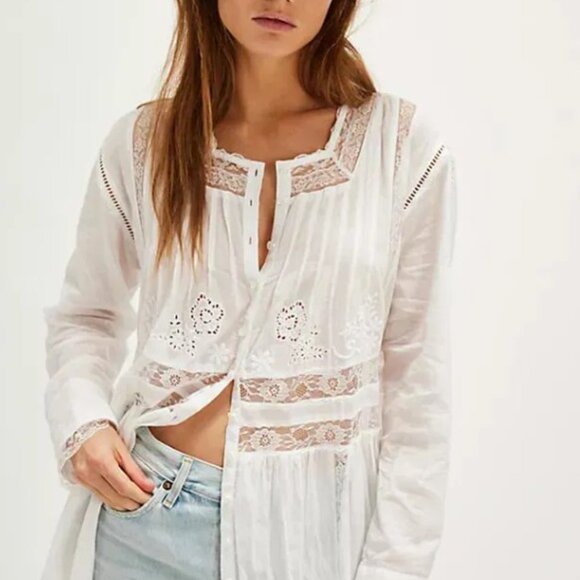 NWT Free People Womens Button Front Long Sleeve Keepsake Maxi Top Ivory Medium - Picture 3 of 13